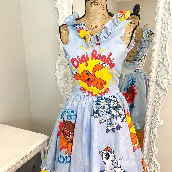 New York Couture *One of a Kind* VINTAGE Digimon Print Ruffle Dress - Picture 4 of 7